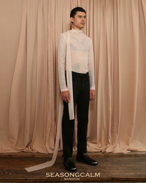 The Peach mesh turtleneck gold polka dot print.